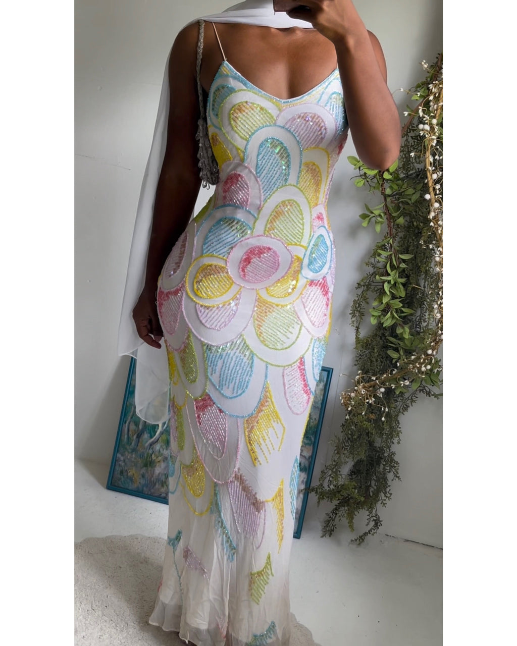 Rare Vintage Y2K Pastel Mermaid Silk Beaded Gown