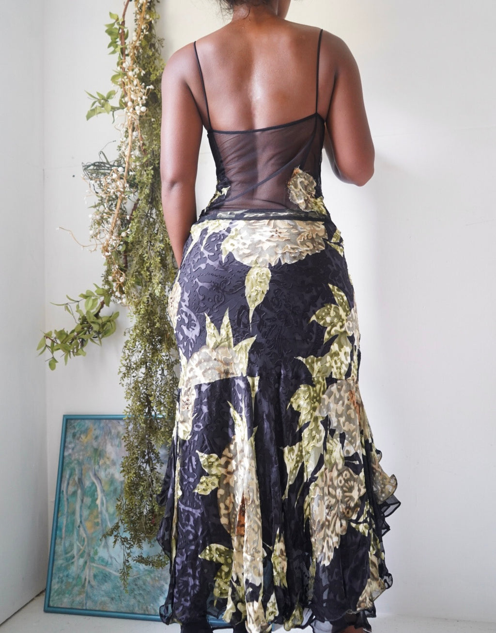 Y2K Black 2 Piece Devore Silk Skirt Set