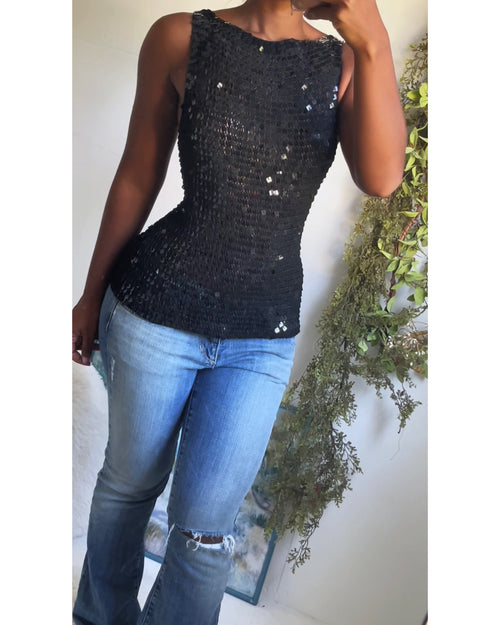 Rare Y2K Black Sequin Crochet Tank