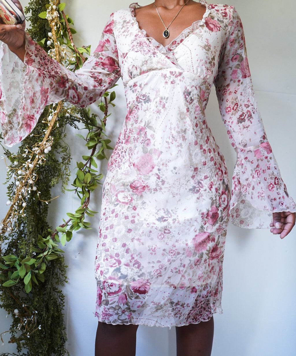Romantic Floral Long Ruffle Sleeve Dress