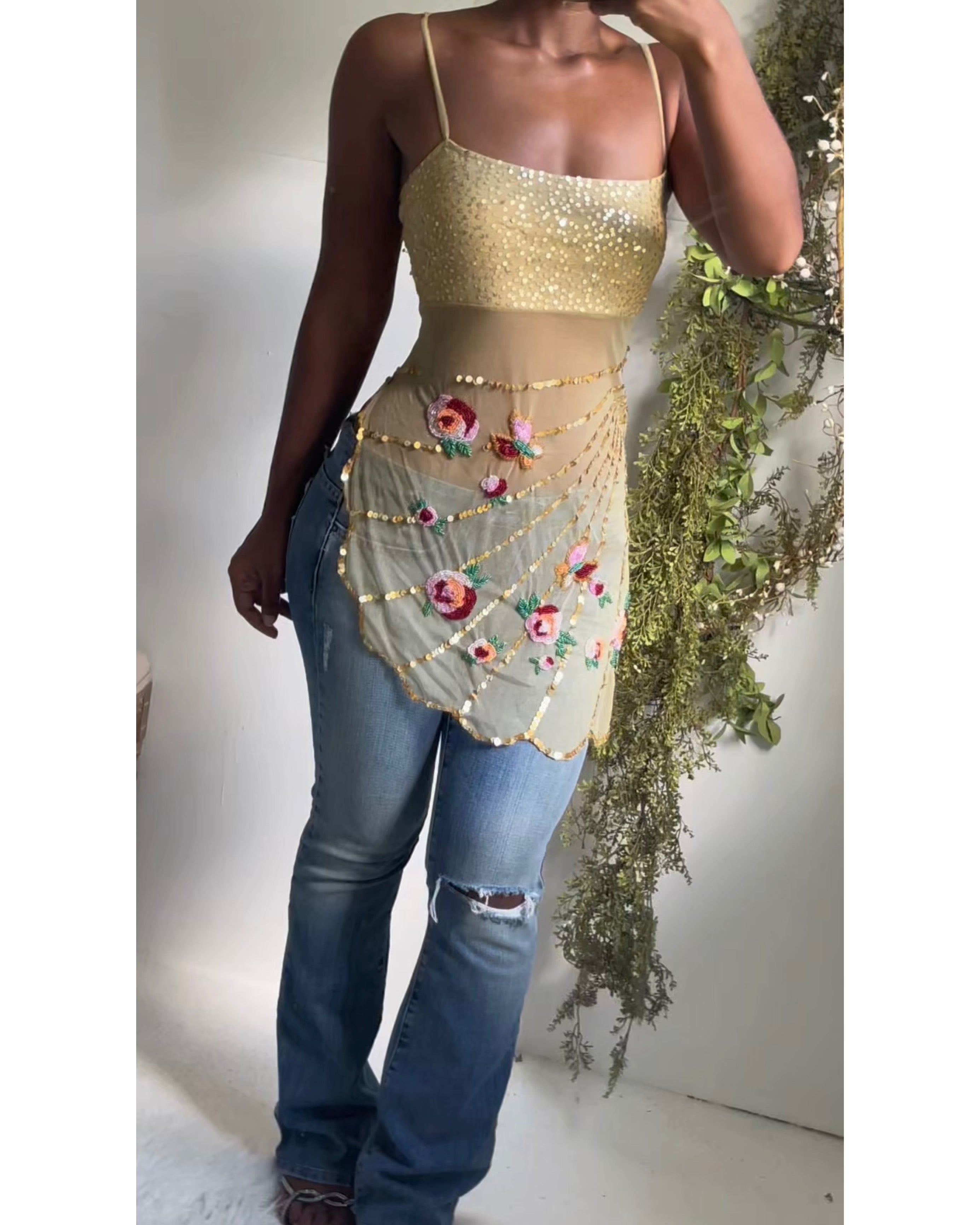 Rare Y2K Gold Sequin Beaded Fairy Top