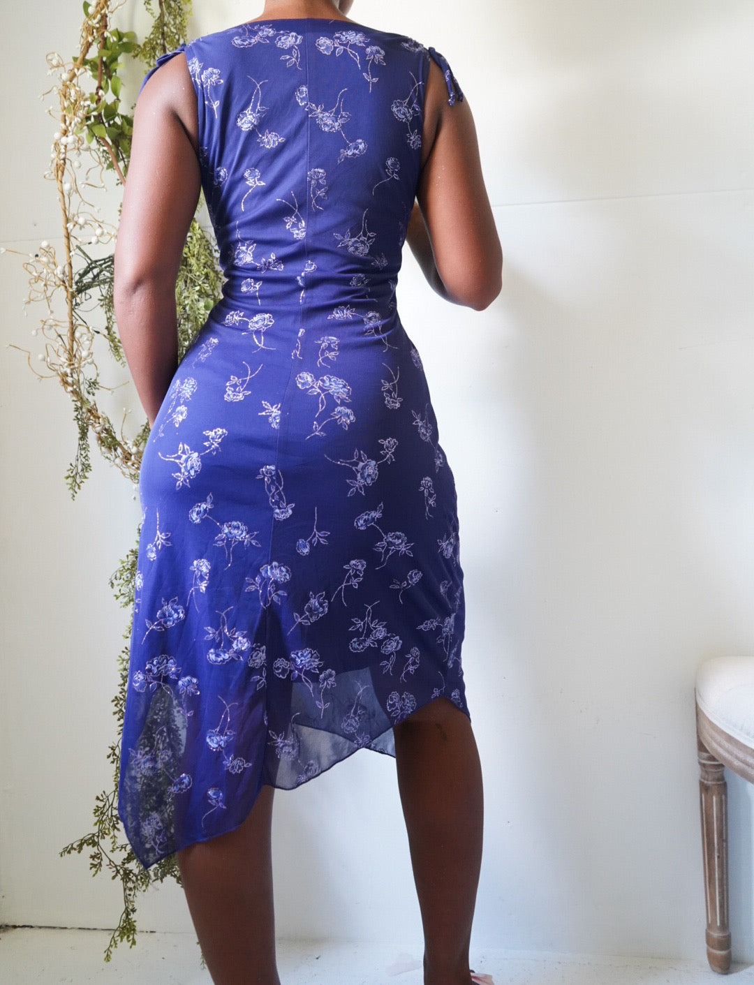 Y2K Blue Midi Dress with Silver Flowers