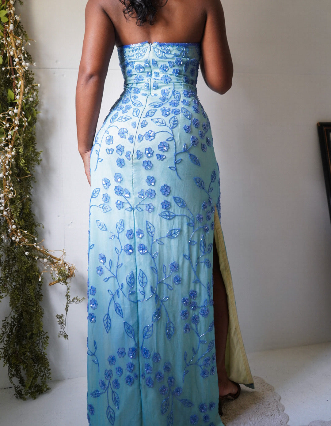 Vintage Y2K Light Blue and Yellow Layer Beaded Silk Strapless Gown