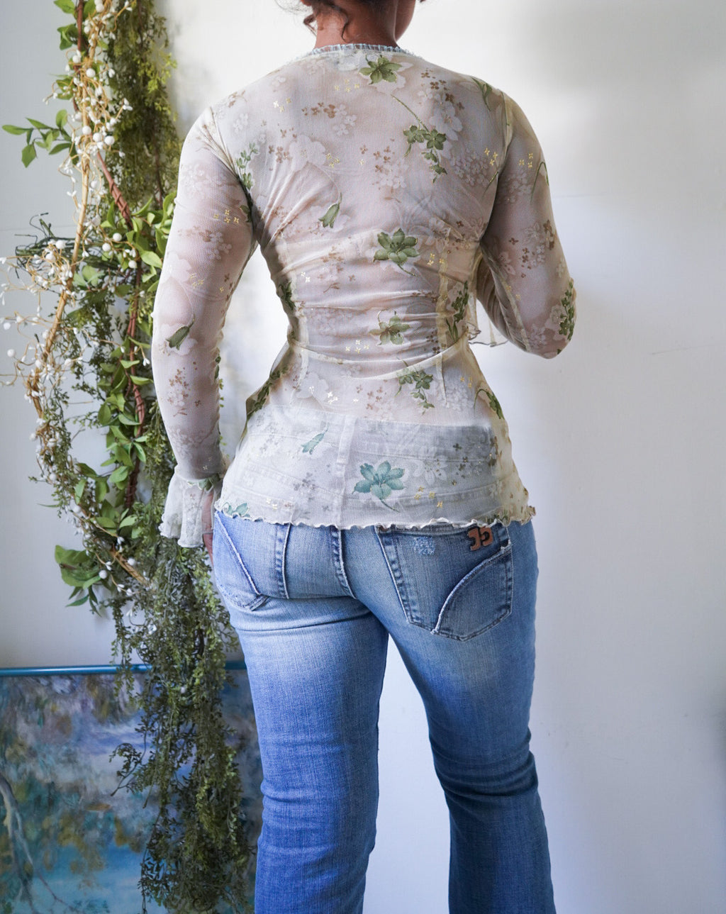 Rare Y2K Light Sage Romantic Mesh Top