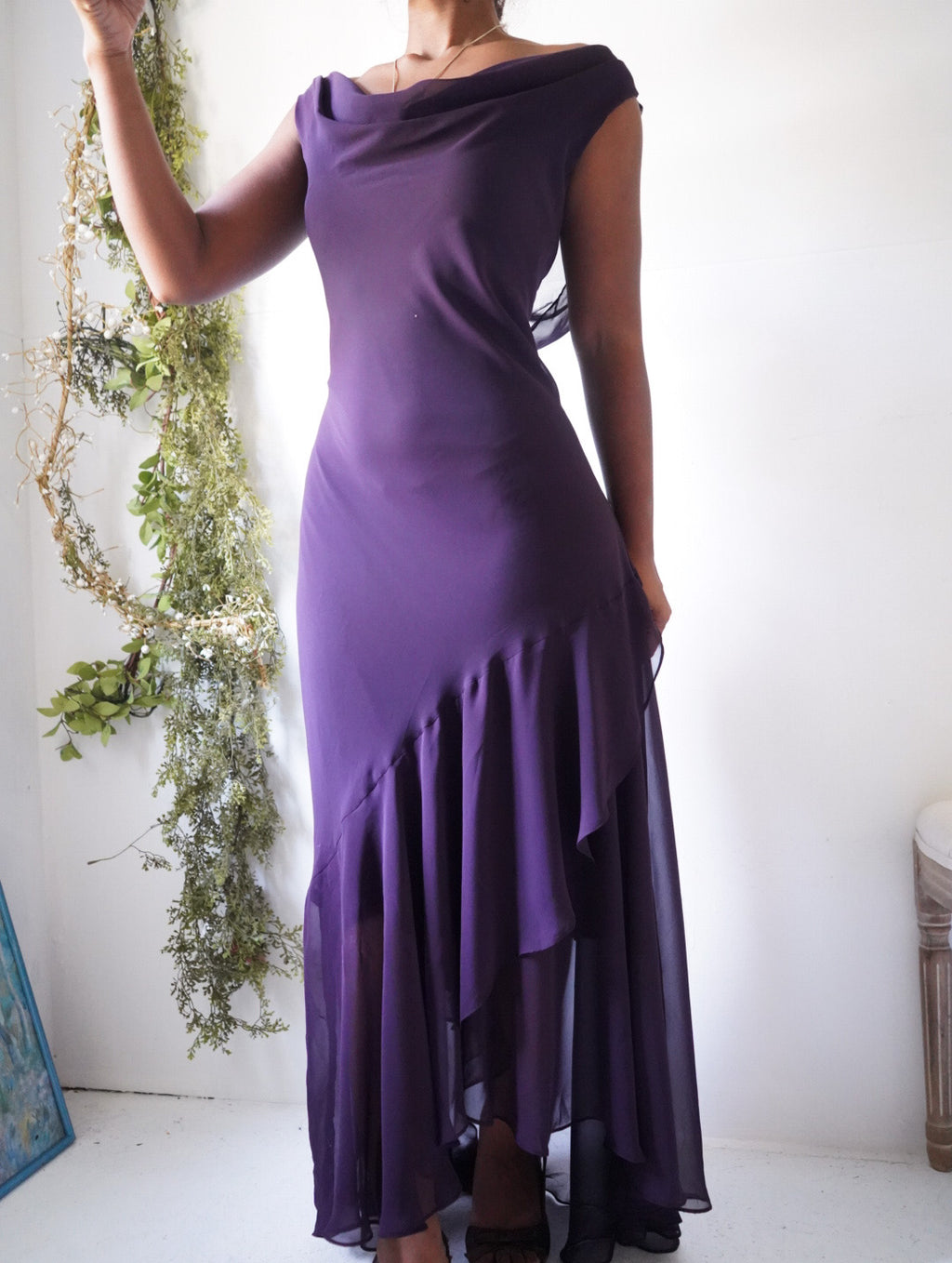 Y2K Eggplant Cowl Neck High Low Dress