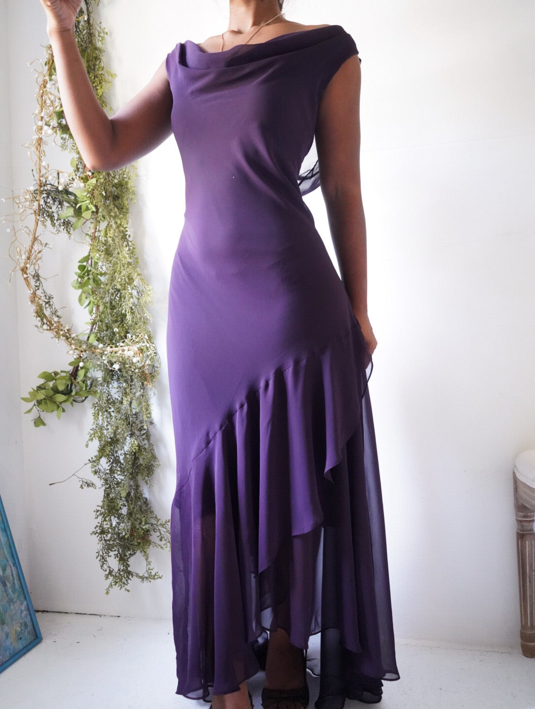 Y2K Eggplant Cowl Neck High Low Dress