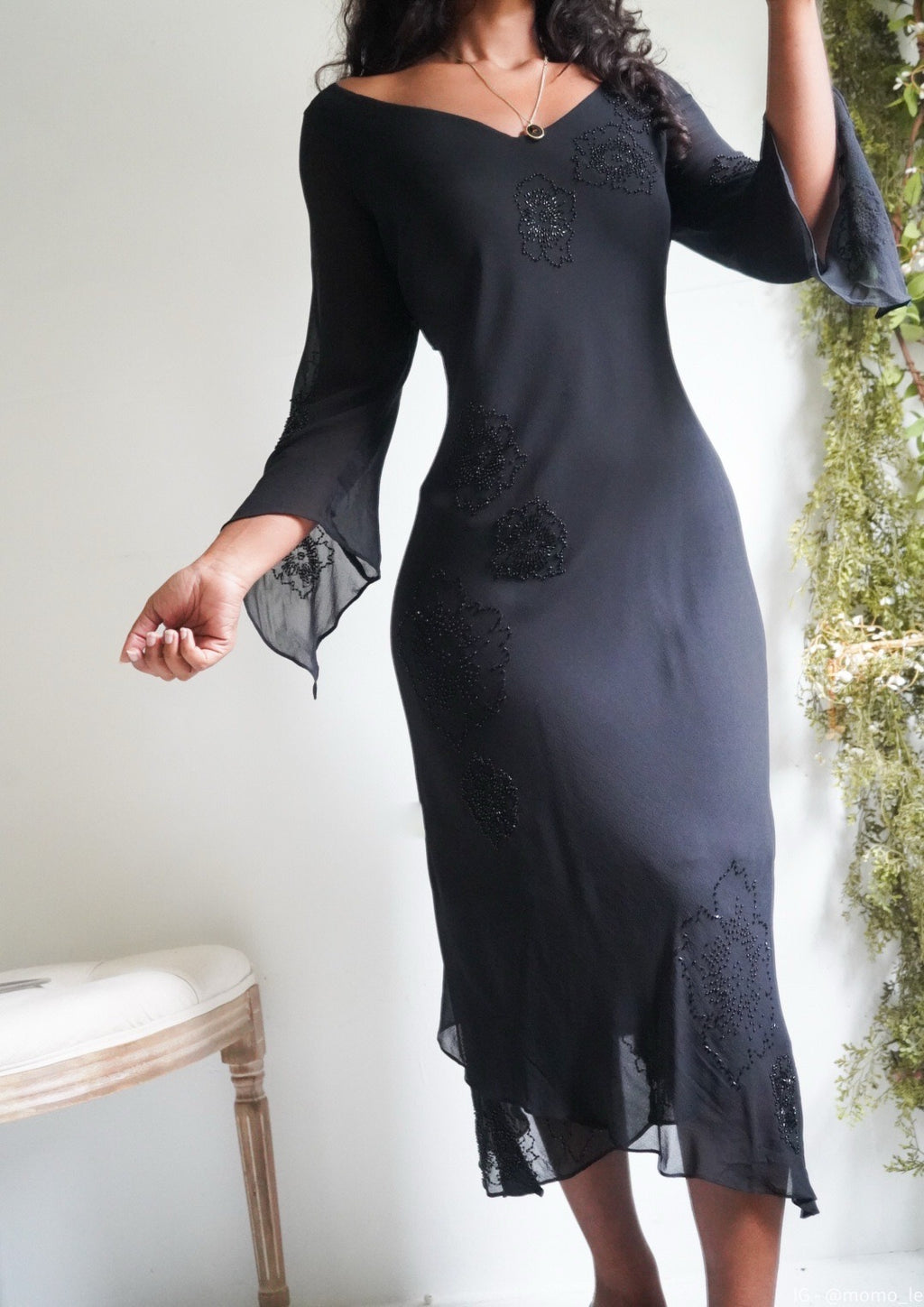 Y2K Beaded Black Silk Flare Sleeve Dress