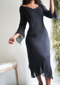 Y2K Beaded Black Silk Flare Sleeve Dress