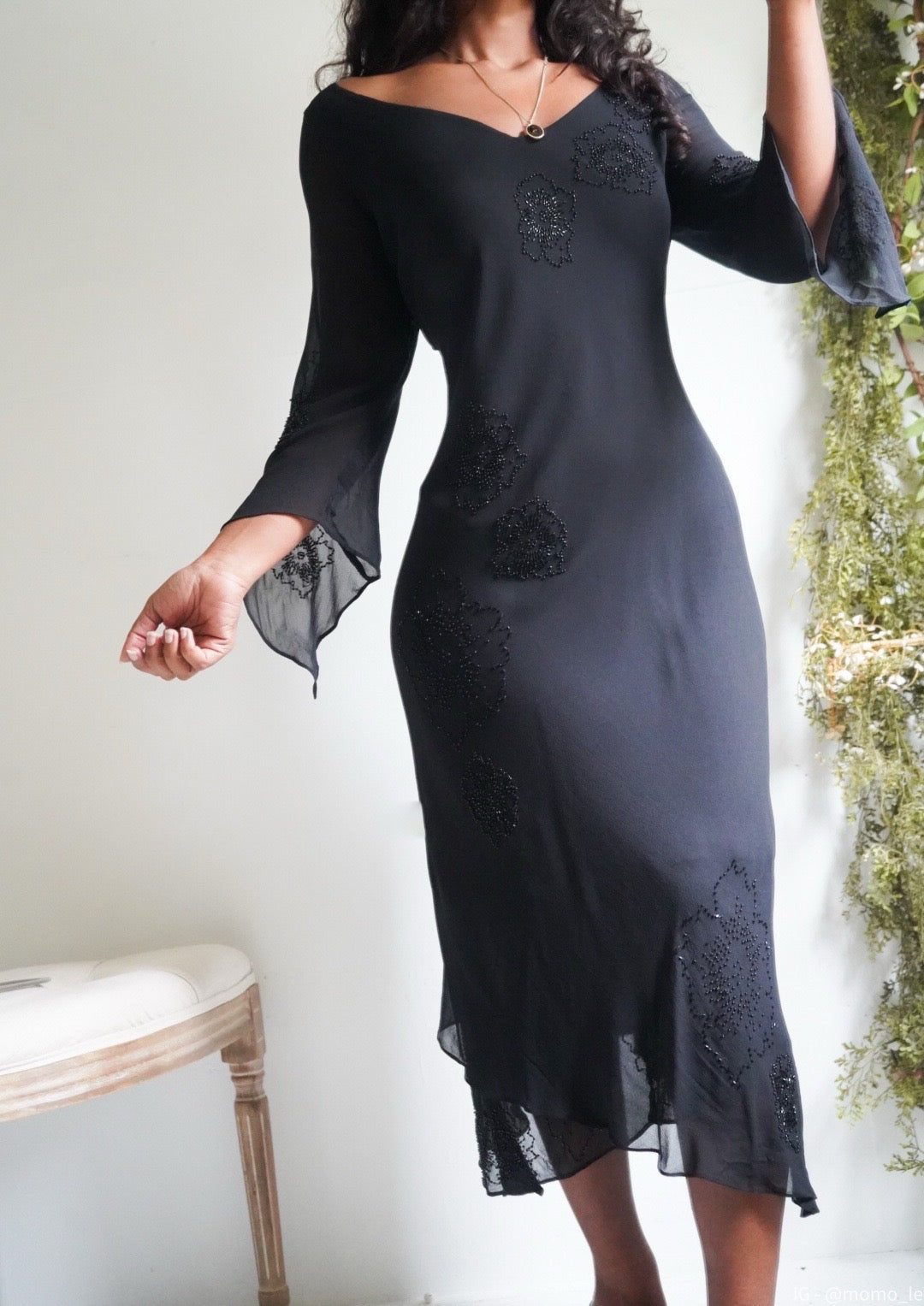 Y2K Beaded Black Silk Flare Sleeve Dress