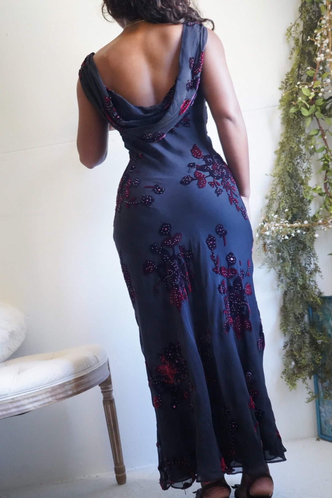Y2K Burnout Velvet Floral Cowl Back Dress