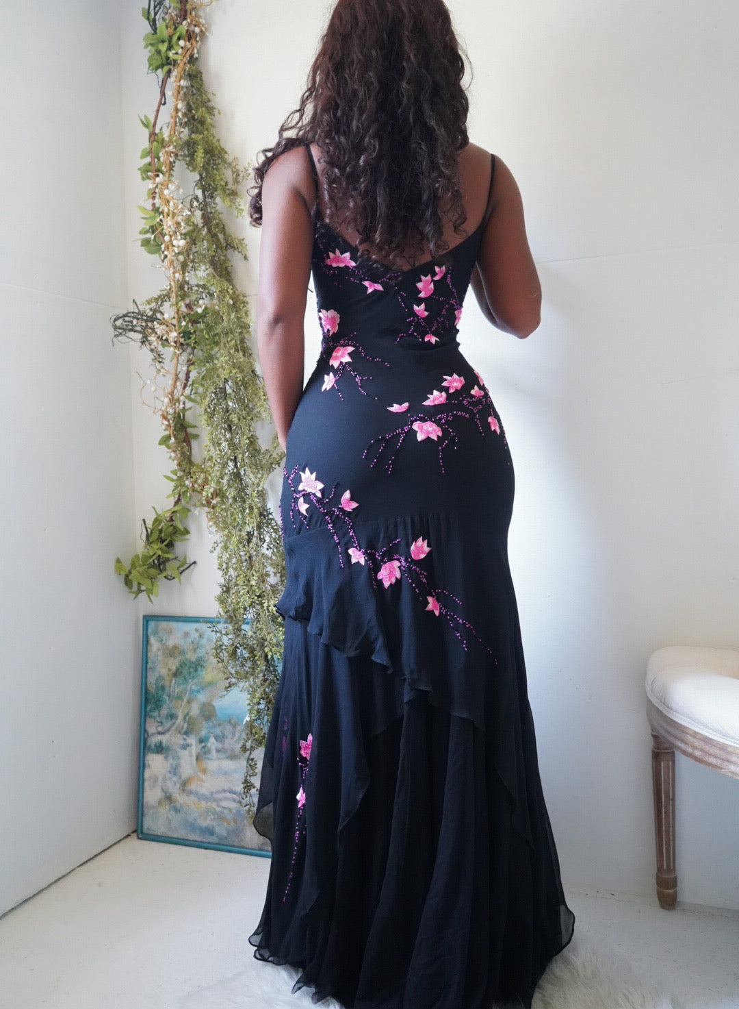 Y2K Black Silk Gown with Pink Flowers
