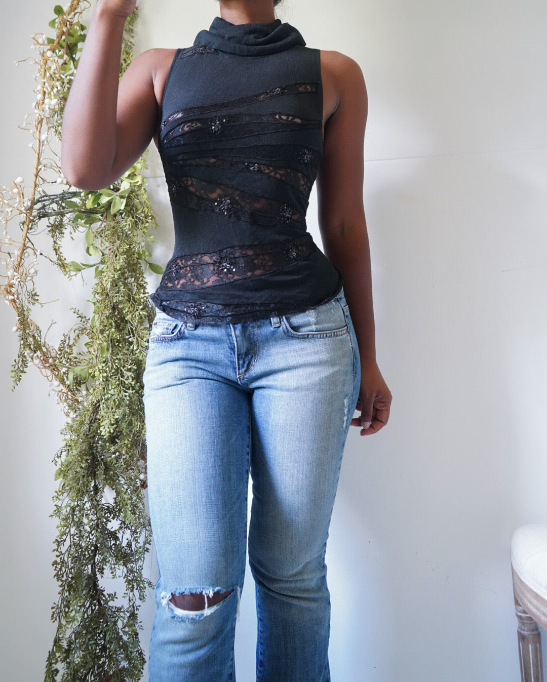 Y2K Beaded Cutout Turtleneck Tank