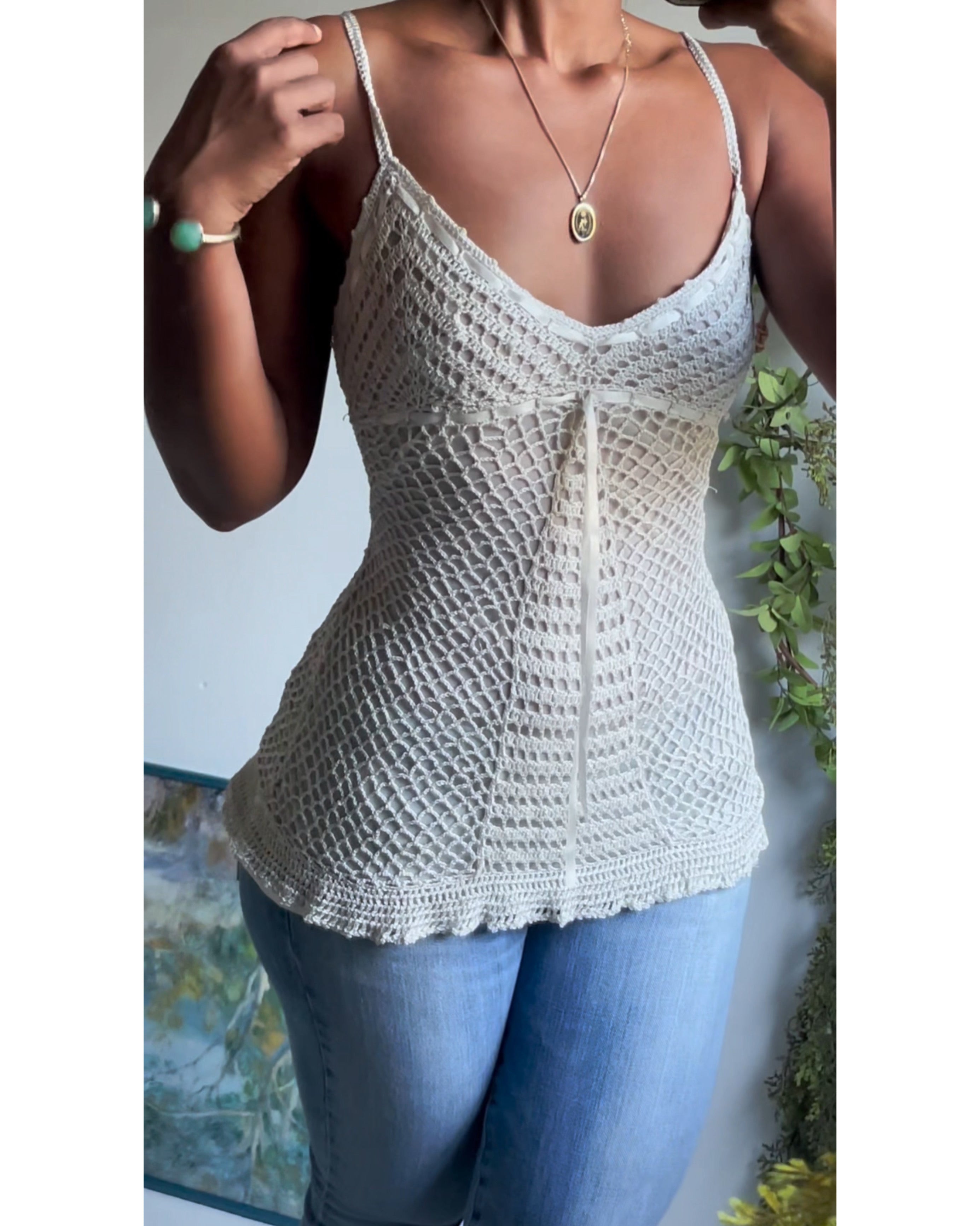 Vintage Metallic Ivory Crochet Knit Cami
