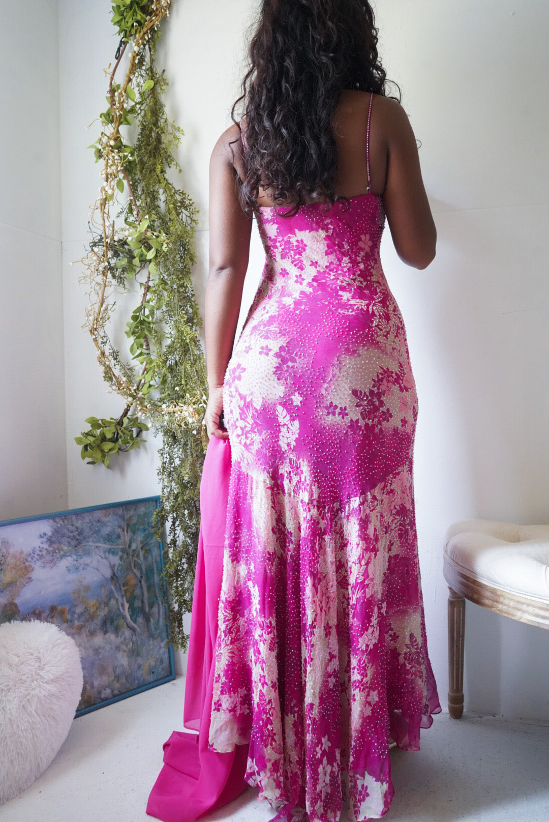 Rare Y2K Pink and Cream Floral Beaded Silk Gown