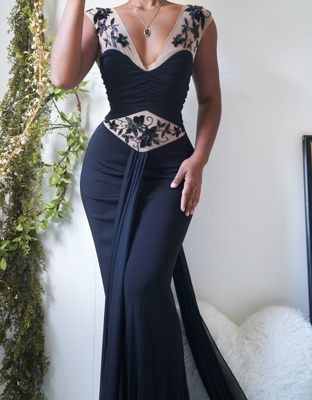 Vintage Beaded Illusion Detail Gown