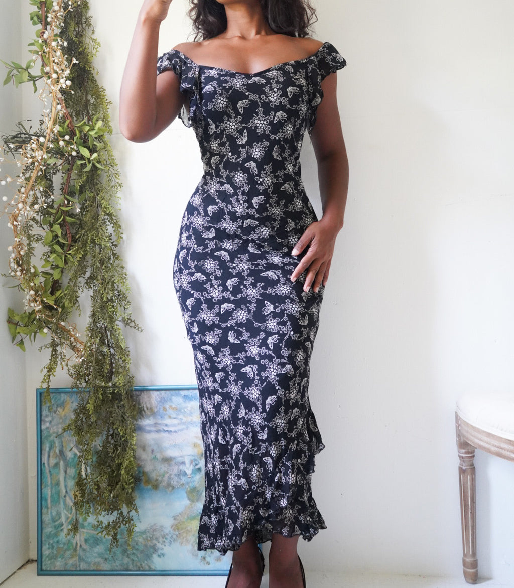 Y2K Monochrome Butterfly Print Ruffle Detail Dress