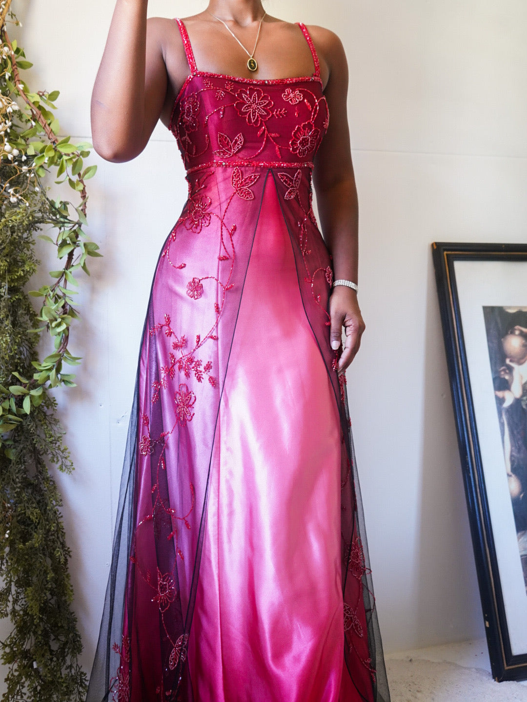 Split Front Red and Black Beaded Formal Dress