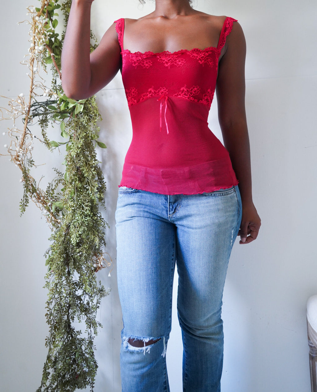 Y2K Cherry Red Mesh Coquette Cami