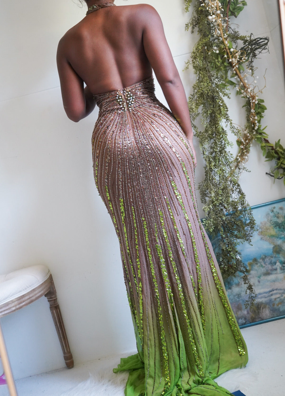 Y2K Ombre Halter Beaded Earthy Fairy Gown