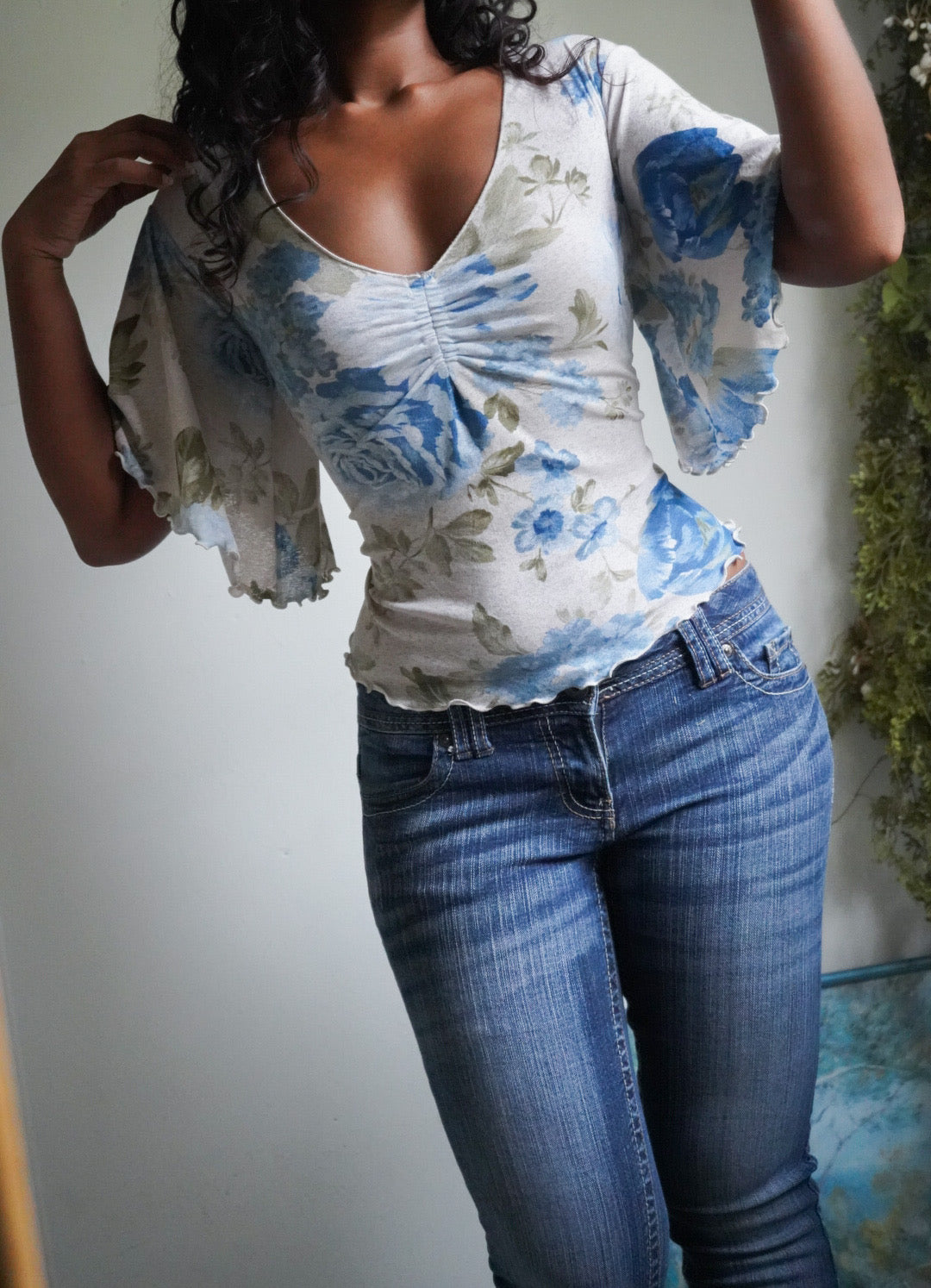 Y2K Floral Mesh Half Sleeve Romantic Top