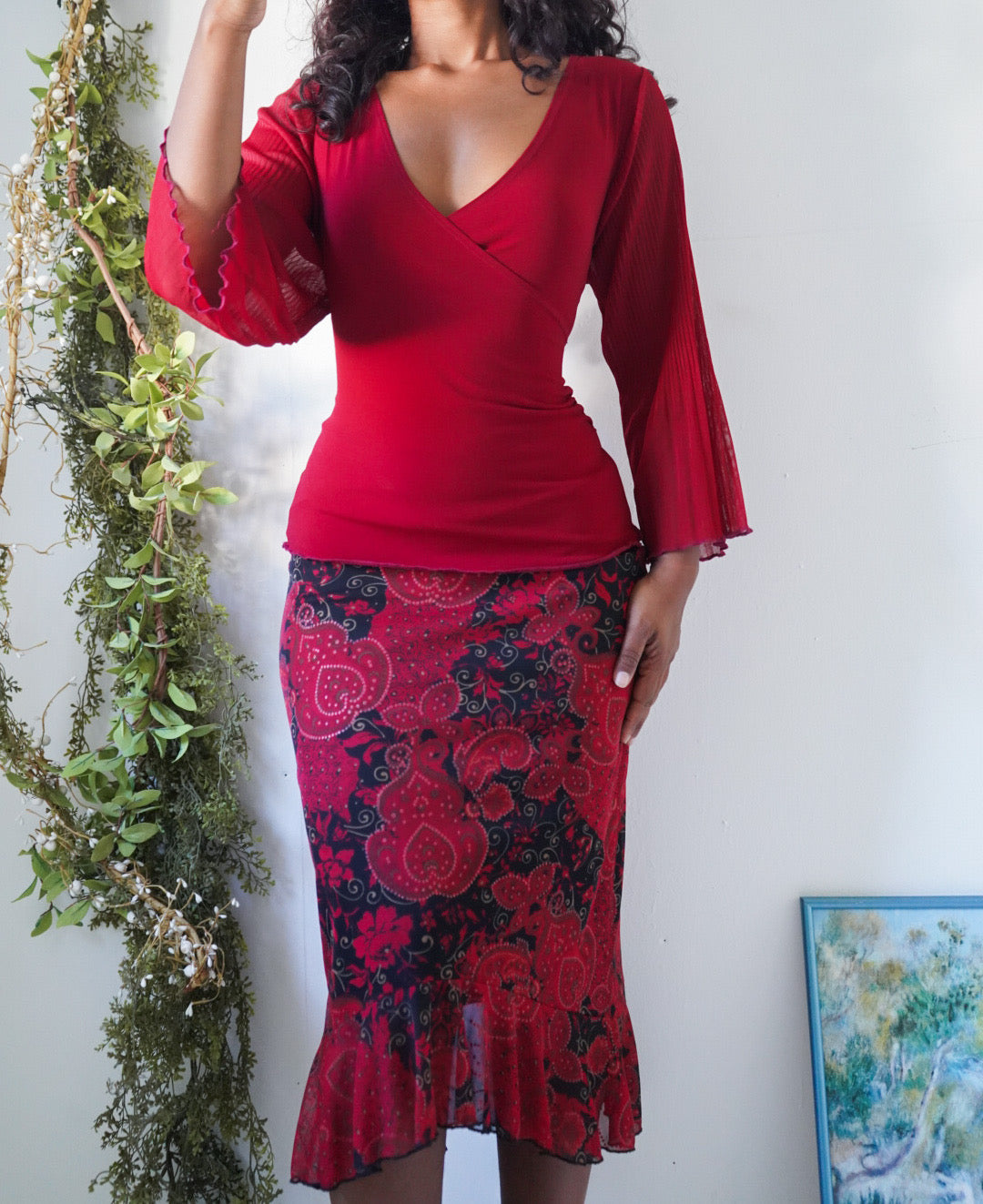 Y2K Red and Black Paisley Mesh Midi Skirt
