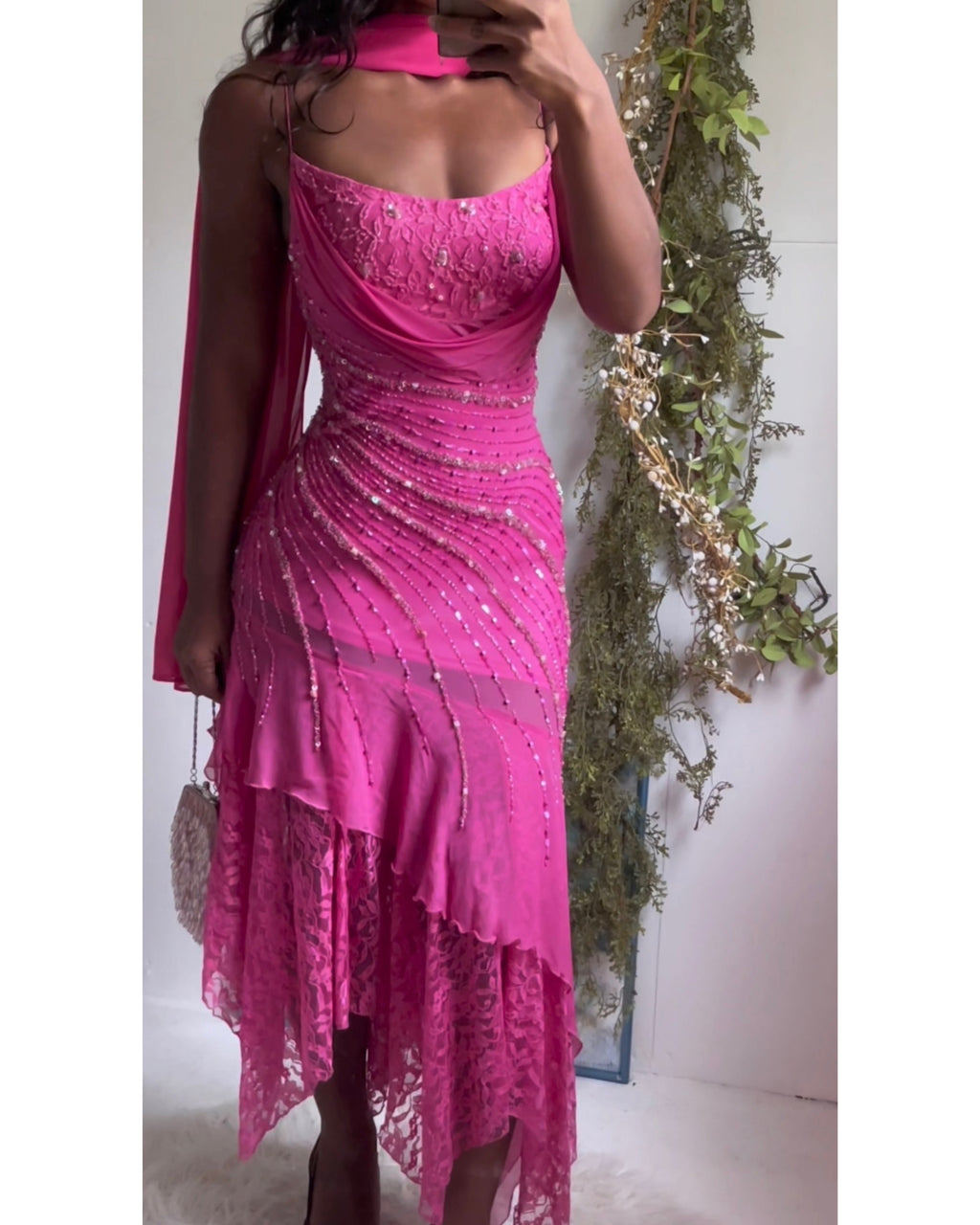 Rare Vintage Y2K Pink Beaded Silk and Lace Dress