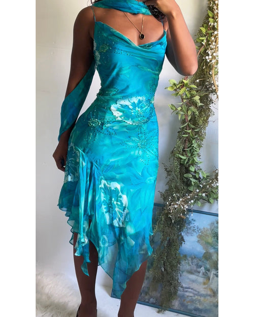 Vintage Y2K Teal Burnout Silk Dress with Scarf