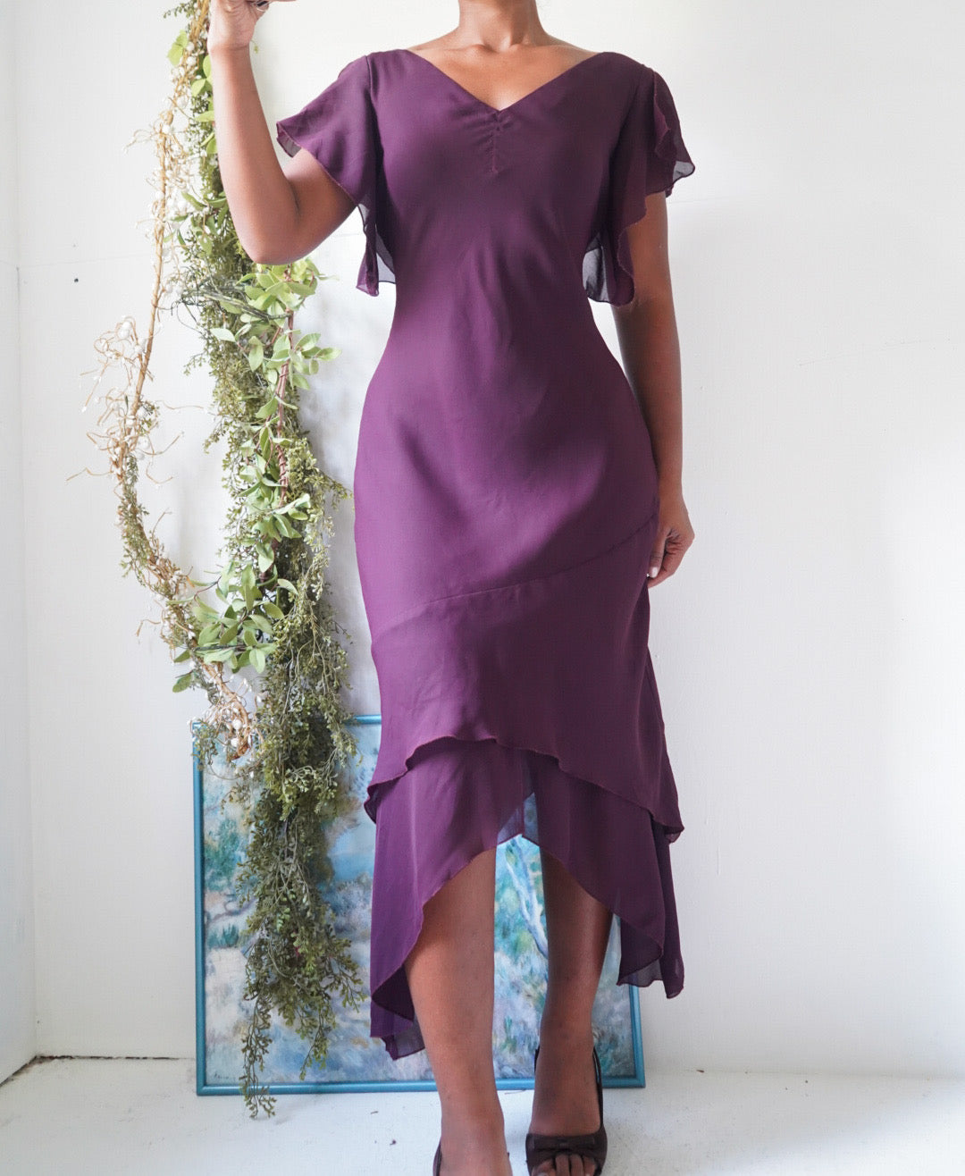 Y2K Purple Ruffle Hem Midi Dress