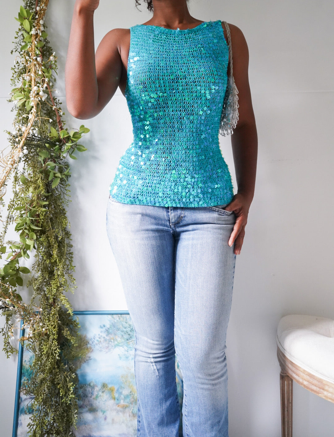 Y2K Teal Sequin Crochet Mermaid Tank
