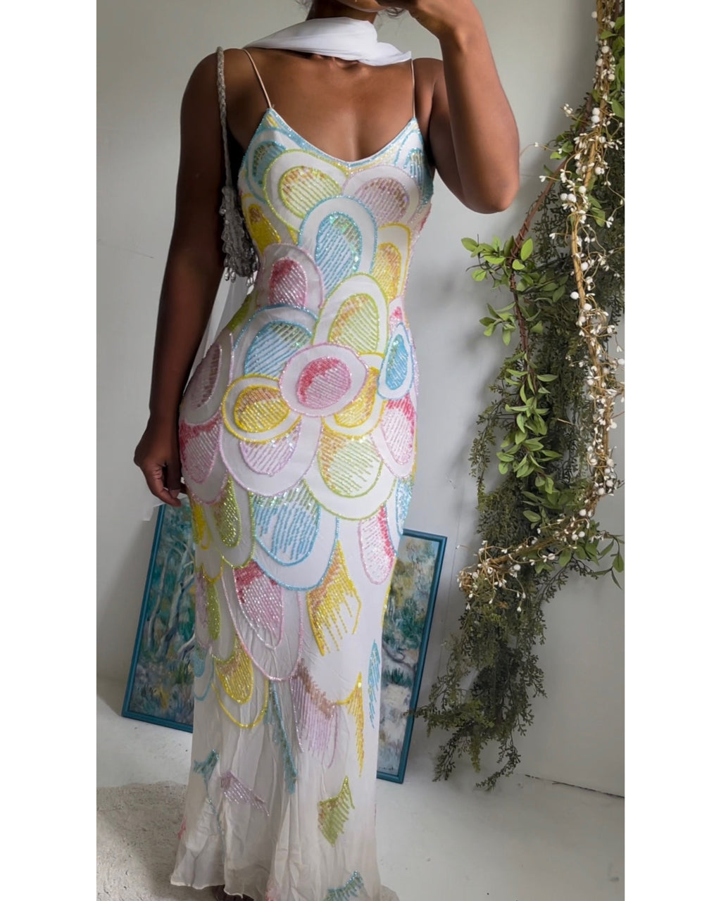 Rare Vintage Y2K Pastel Mermaid Silk Beaded Gown