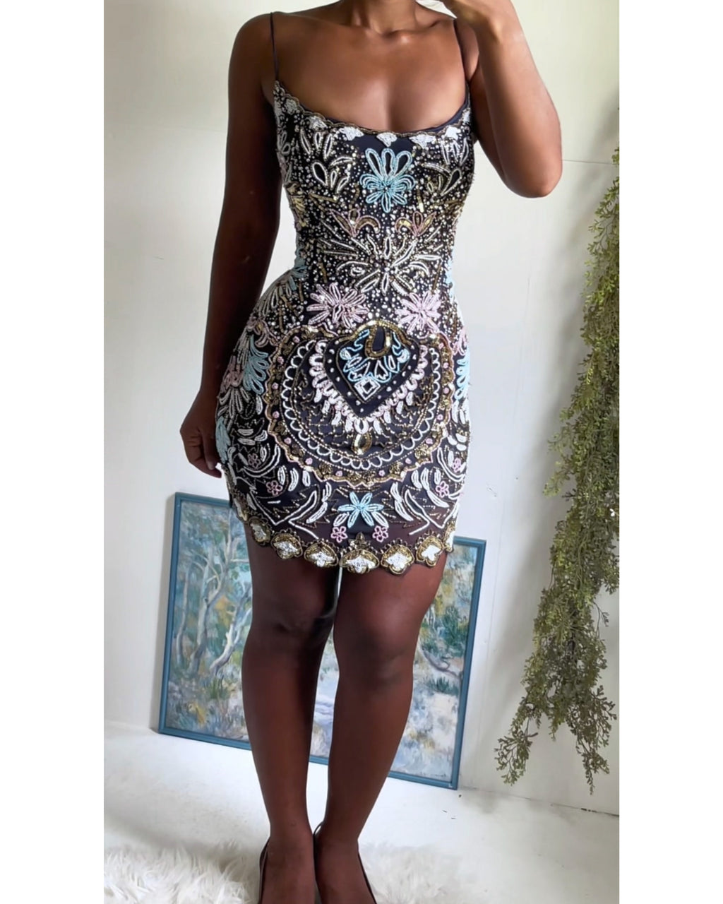 Reworked Handmade Fully Beaded Mini Dress