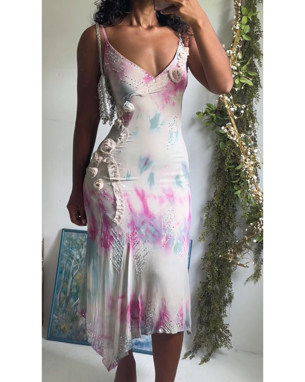 Y2K Watercolor Tie Dye Silk Fairy Midi Dress