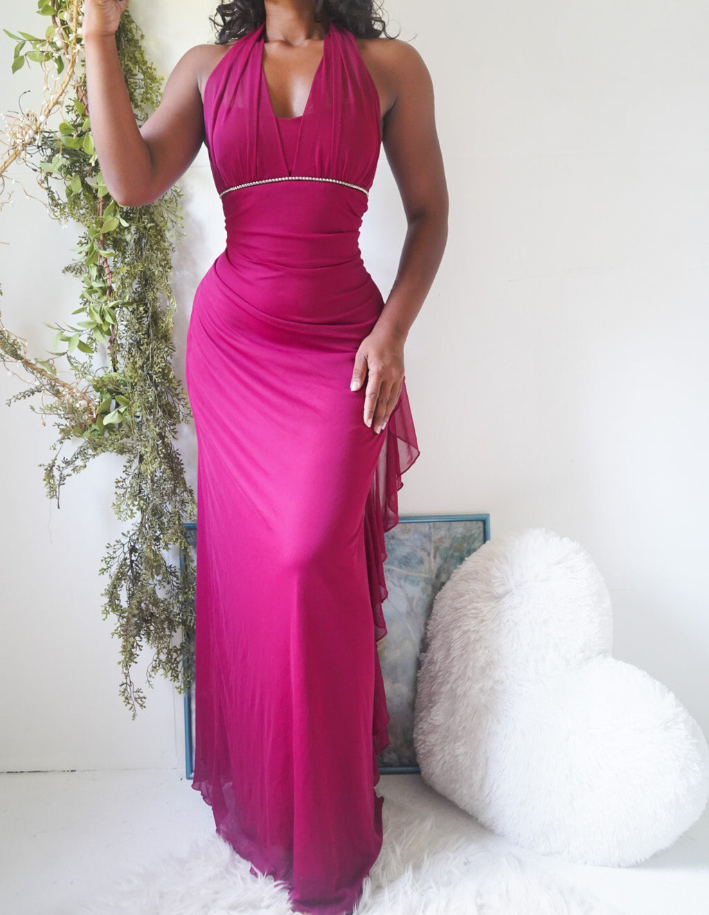 Y2K Berry Halter Ruffle Detail Gown