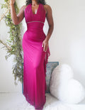 Y2K Berry Halter Ruffle Detail Gown