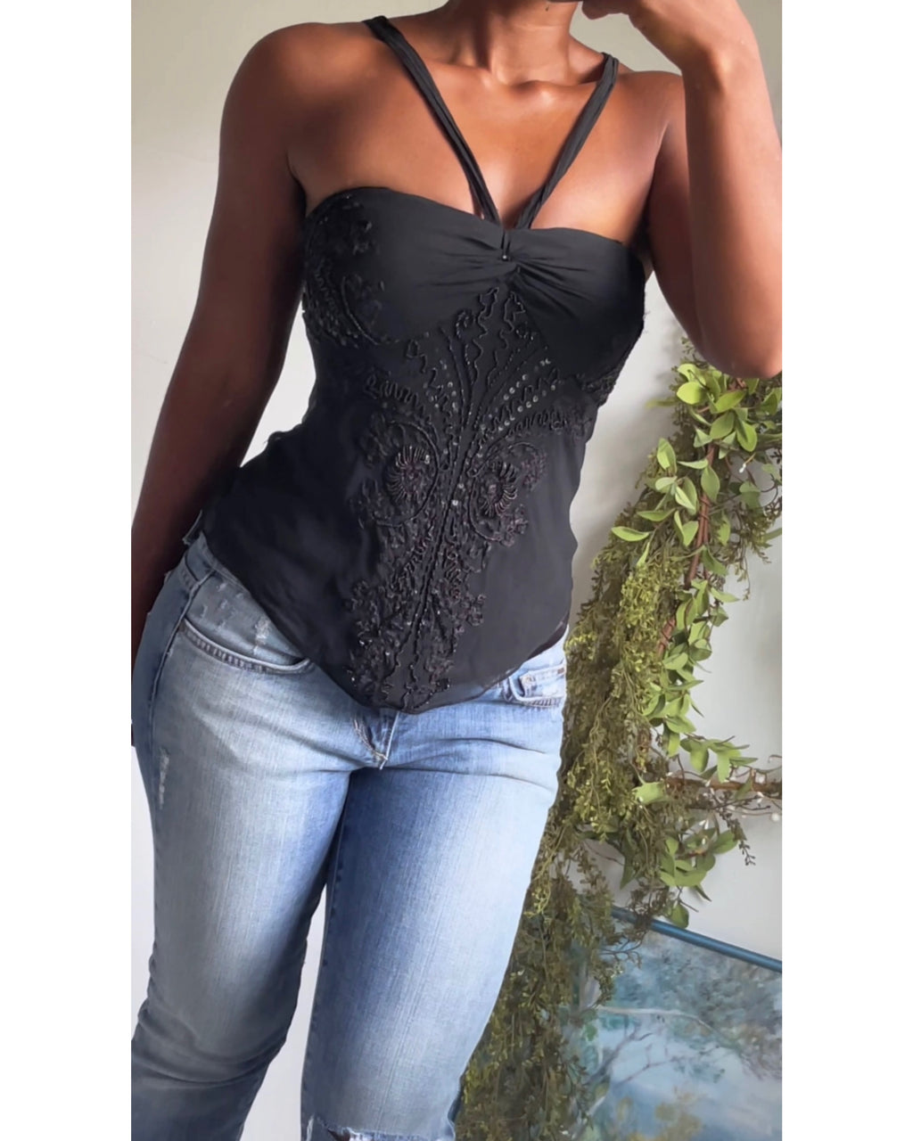 Rare Y2K Black Silk Beaded Cami