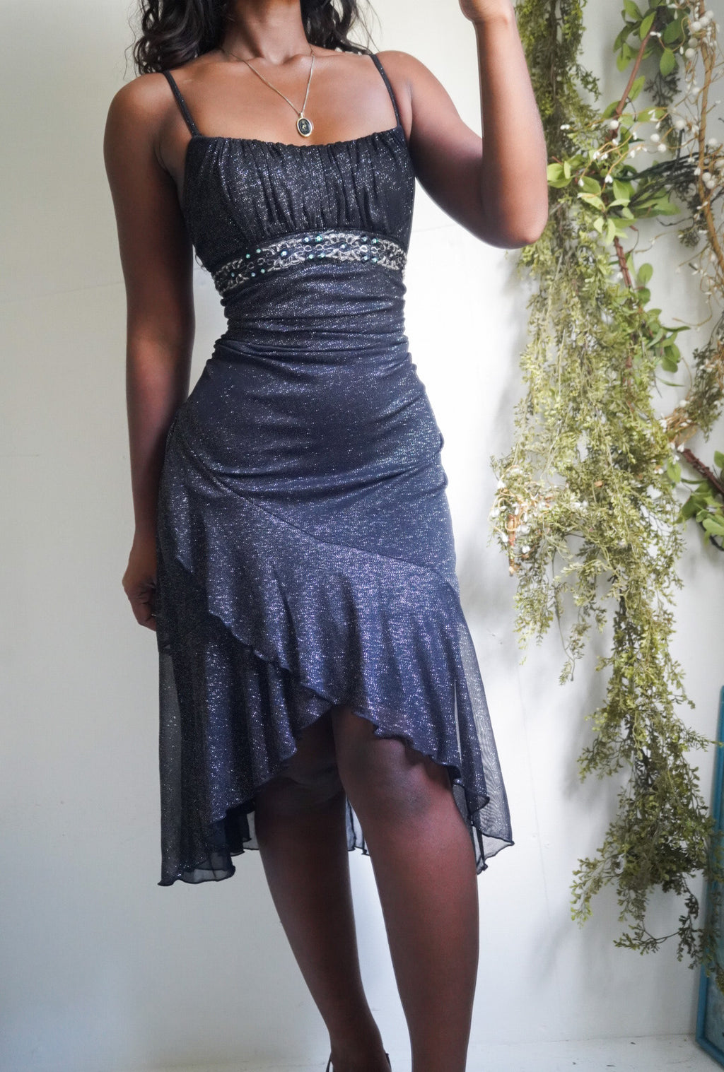 Y2K Black Sparkle Milkmaid High Low Dress