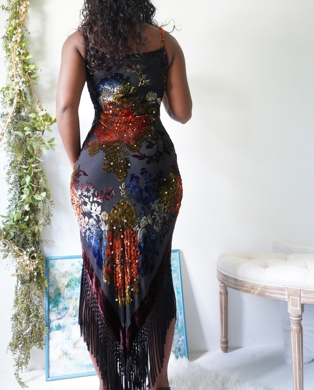 Rare Vintage Y2K Silk Velvet Burnout Fringe Hem Dress