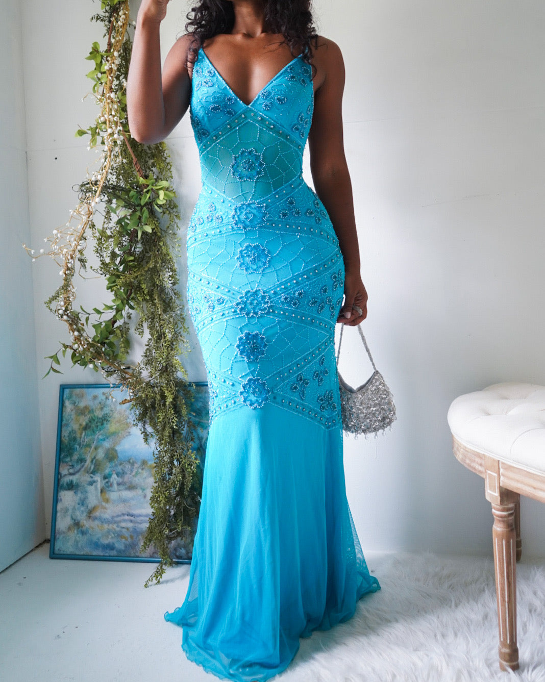 Y2K Fully Beaded Turquoise Mesh Backless Gown