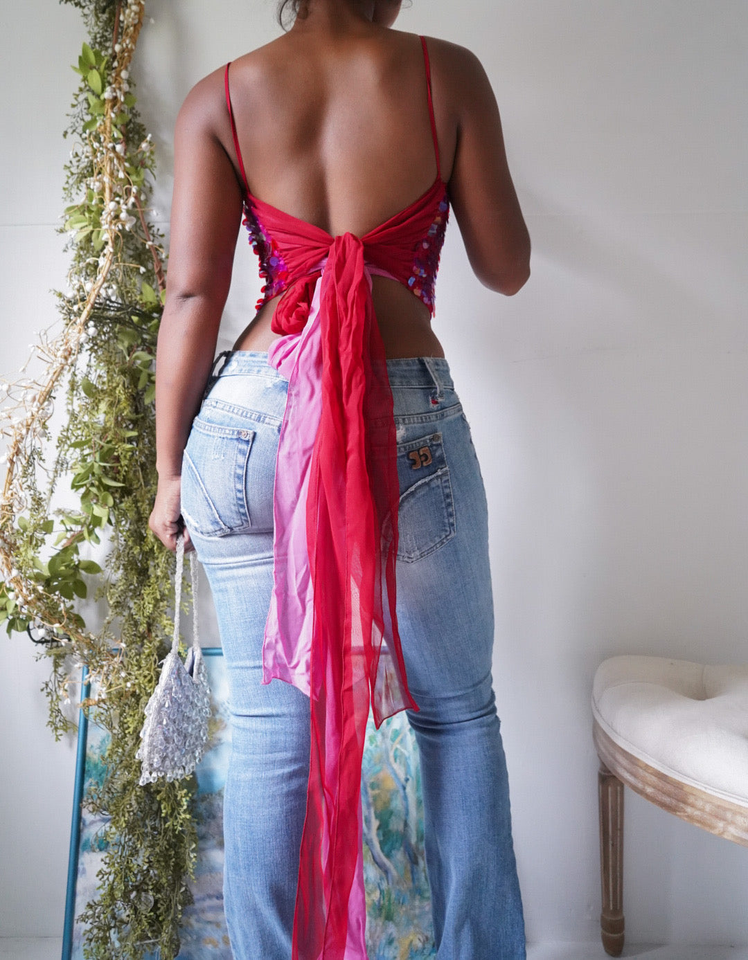 Y2K Fuchsia Sequin Tie Back Top