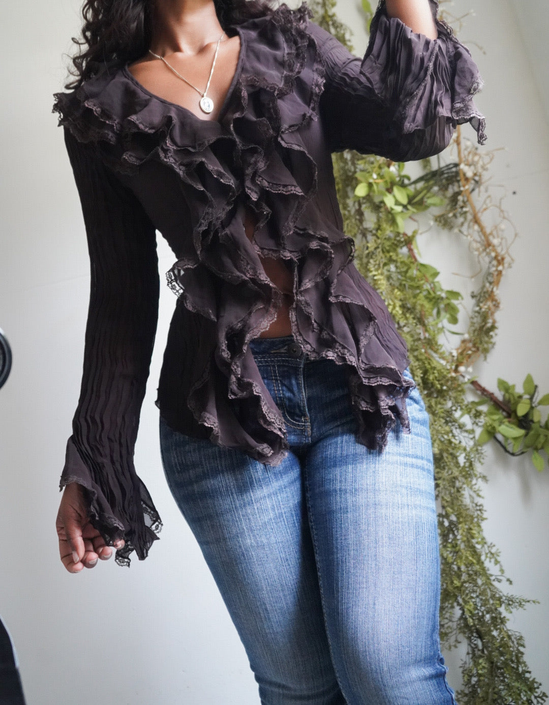 Y2K Dark Chocolate Crinkle Ruffle Button Down Top