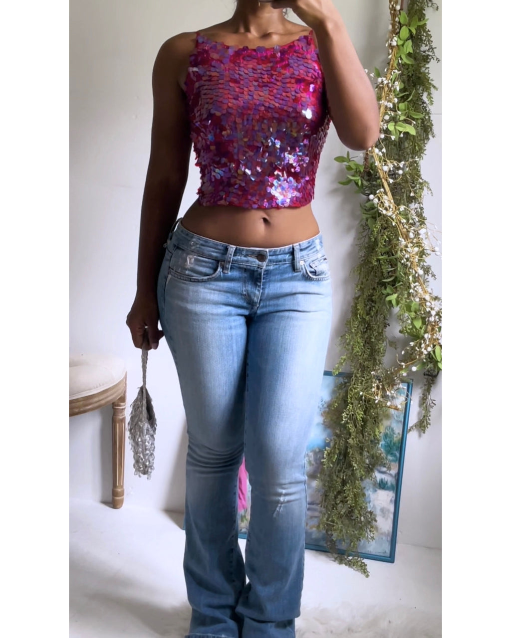 Y2K Fuchsia Sequin Tie Back Top