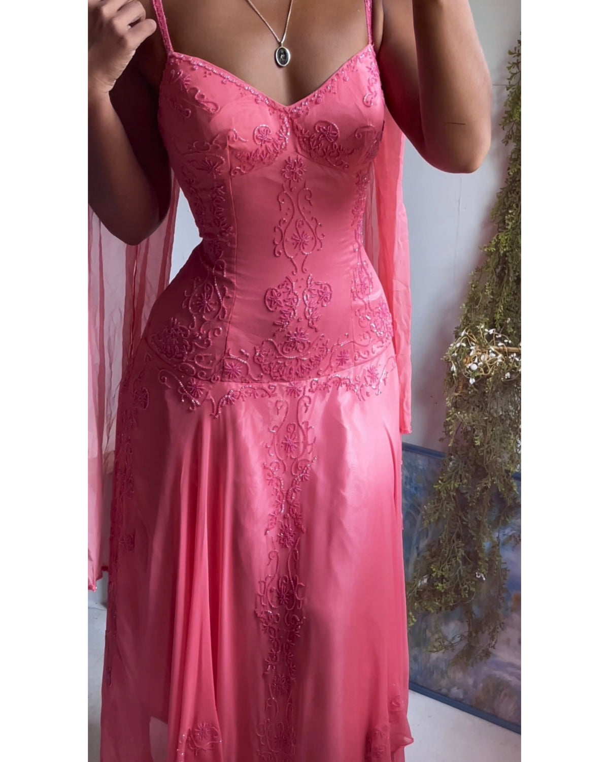 Y2K Coral Pink Silk Beaded Fairy Dress with Scarf