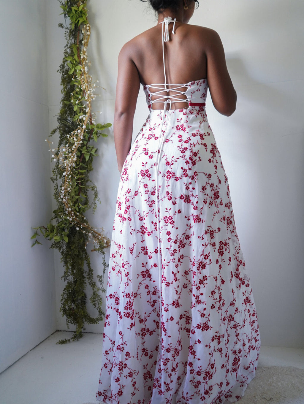Rare Y2K Red and White Floral Halter Gown