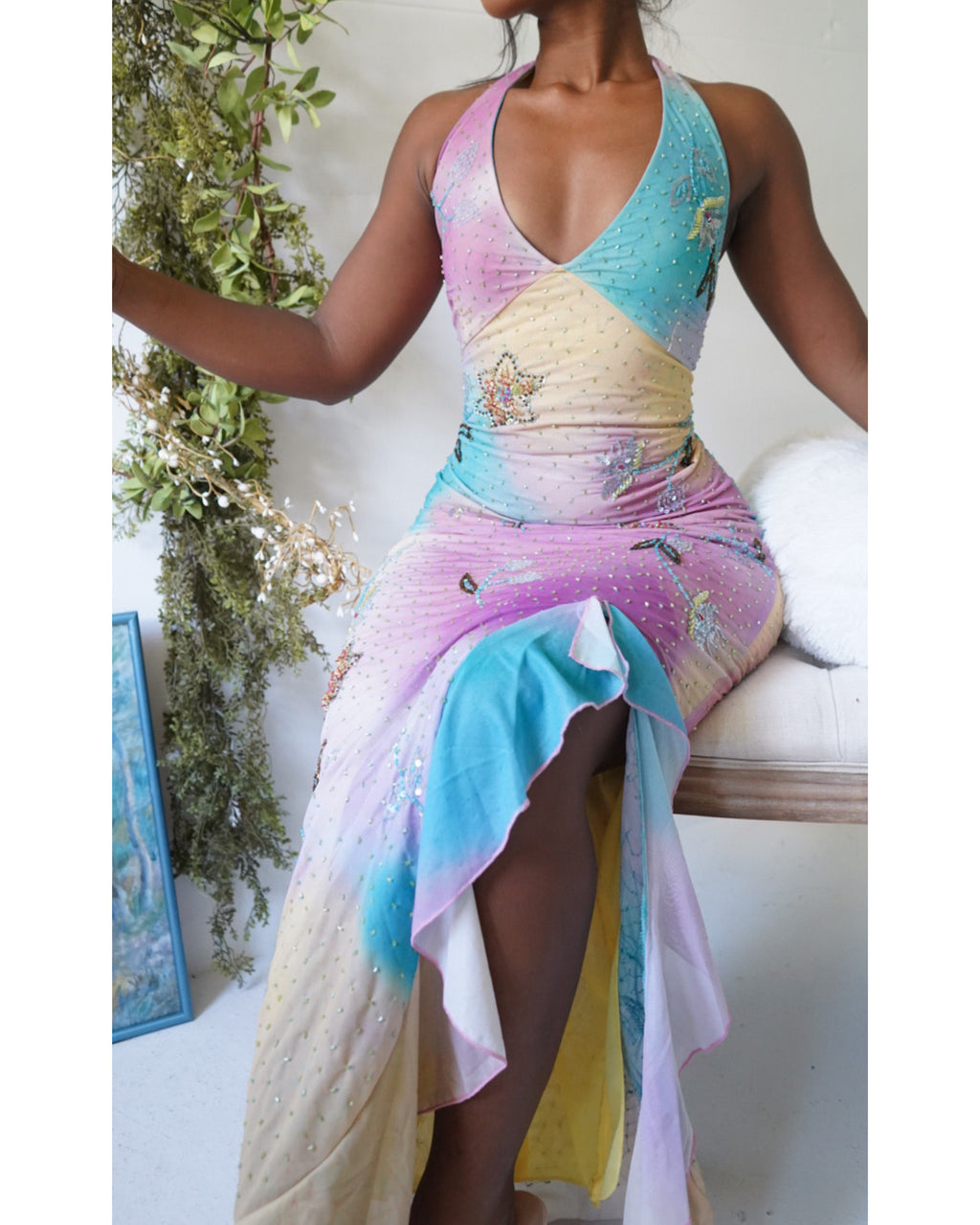 Rainbow Fairy Beaded Halter Gown (Made to Order)