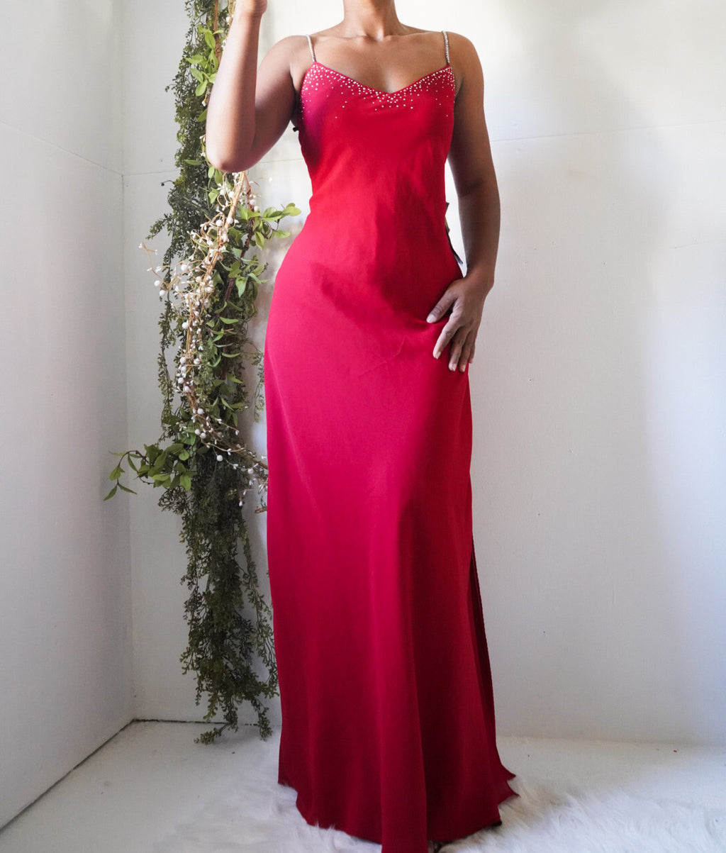 Y2K Red Rhinestone Detail Low Back Back Gown