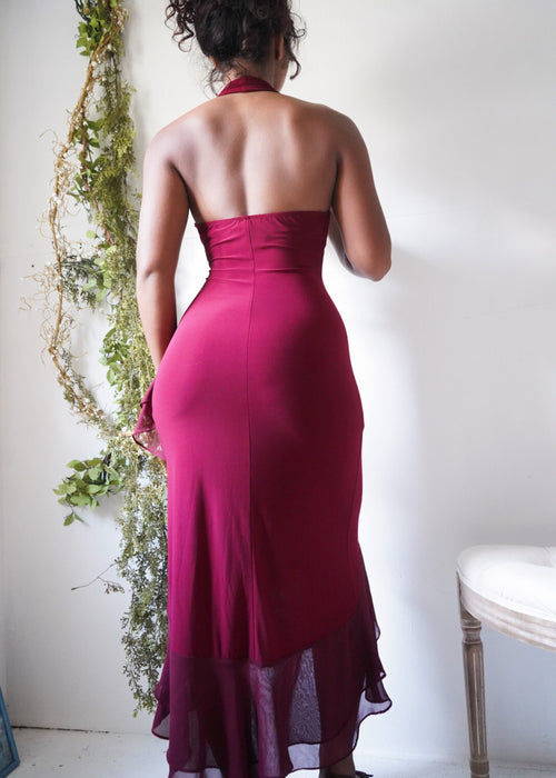 Y2K Crimson Halter Ruffle Hem Dress