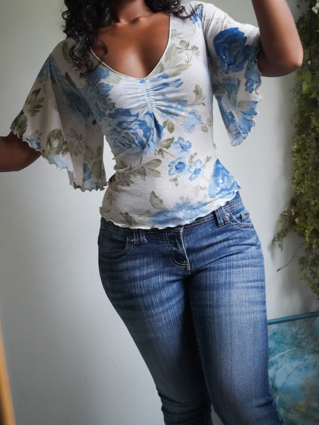 Y2K Floral Mesh Half Sleeve Romantic Top