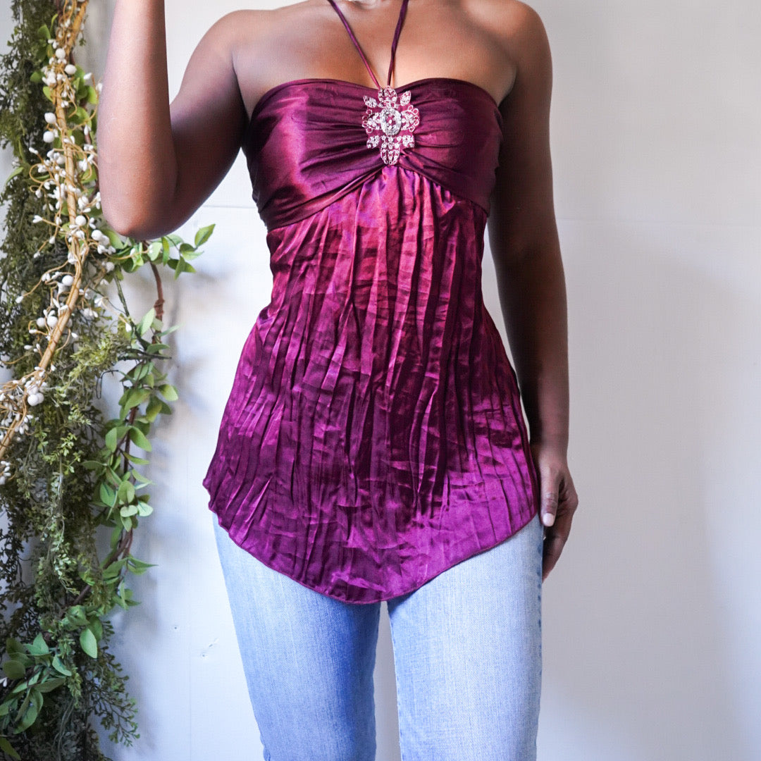 Berry Crinkle Satin Strapless Top