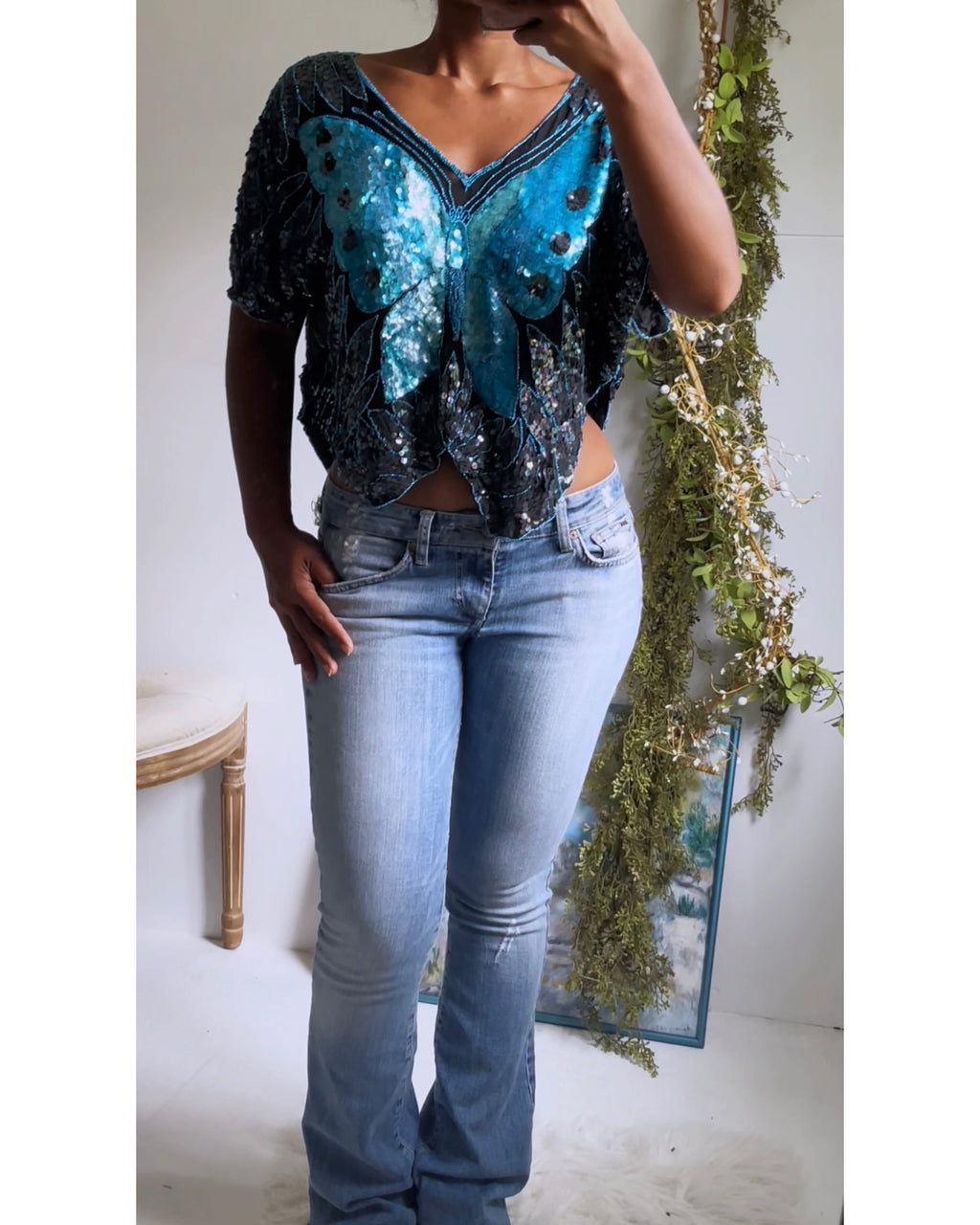 Y2K Sequin Silk Butterfly Top