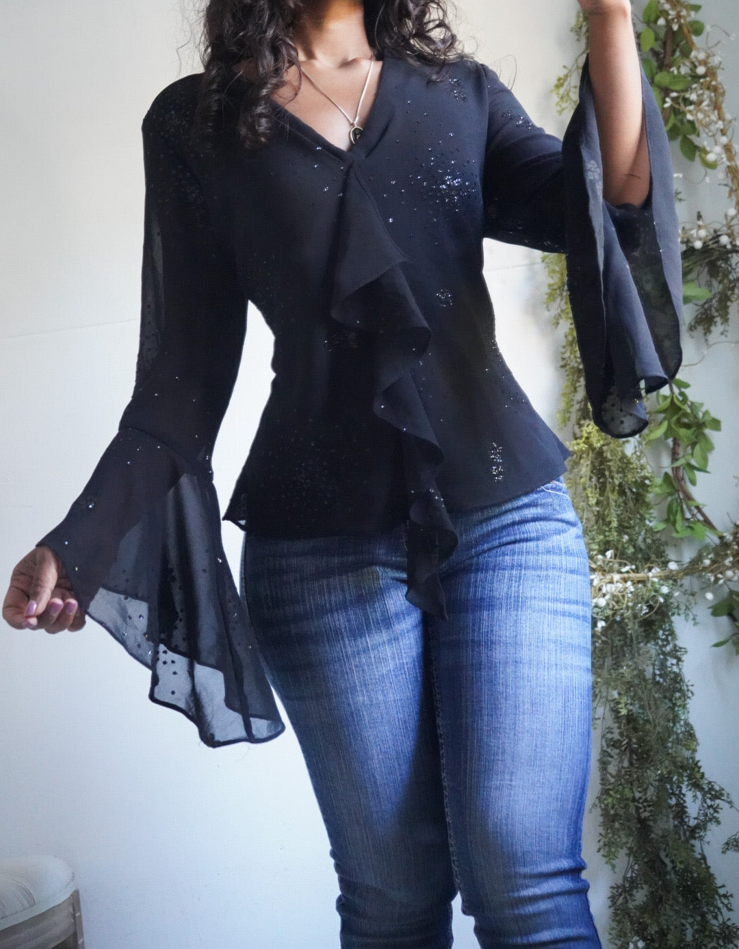 Y2K Black Sparkle Embellished Ruffle Top